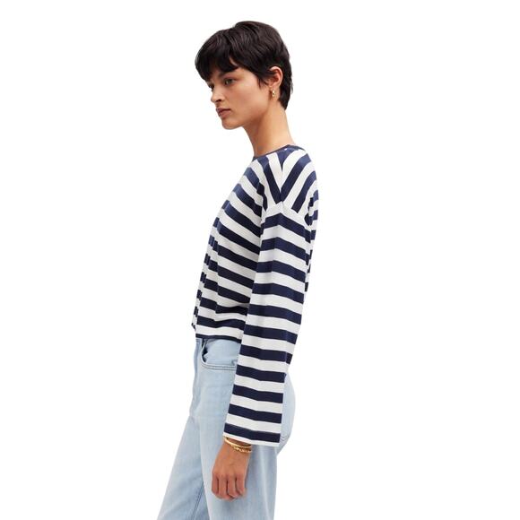 Madewell Navy White Stripe TENCEL Drop Shoulder Crop Tee Top S NWT - Picture 2 of 8